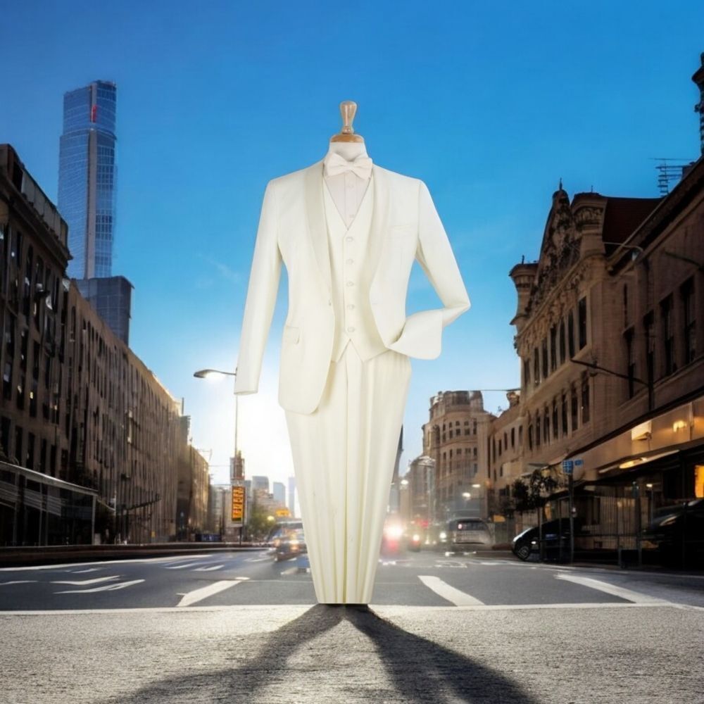 MEN'S ROYAL DIAMOND 3 PIECE SOLID IVORY 1 BUTTON VESTED SHAWL TUXEDO. TU-5.